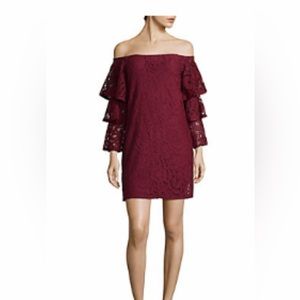 Renvy burgundy lace off-the-shoulder ruffle dress